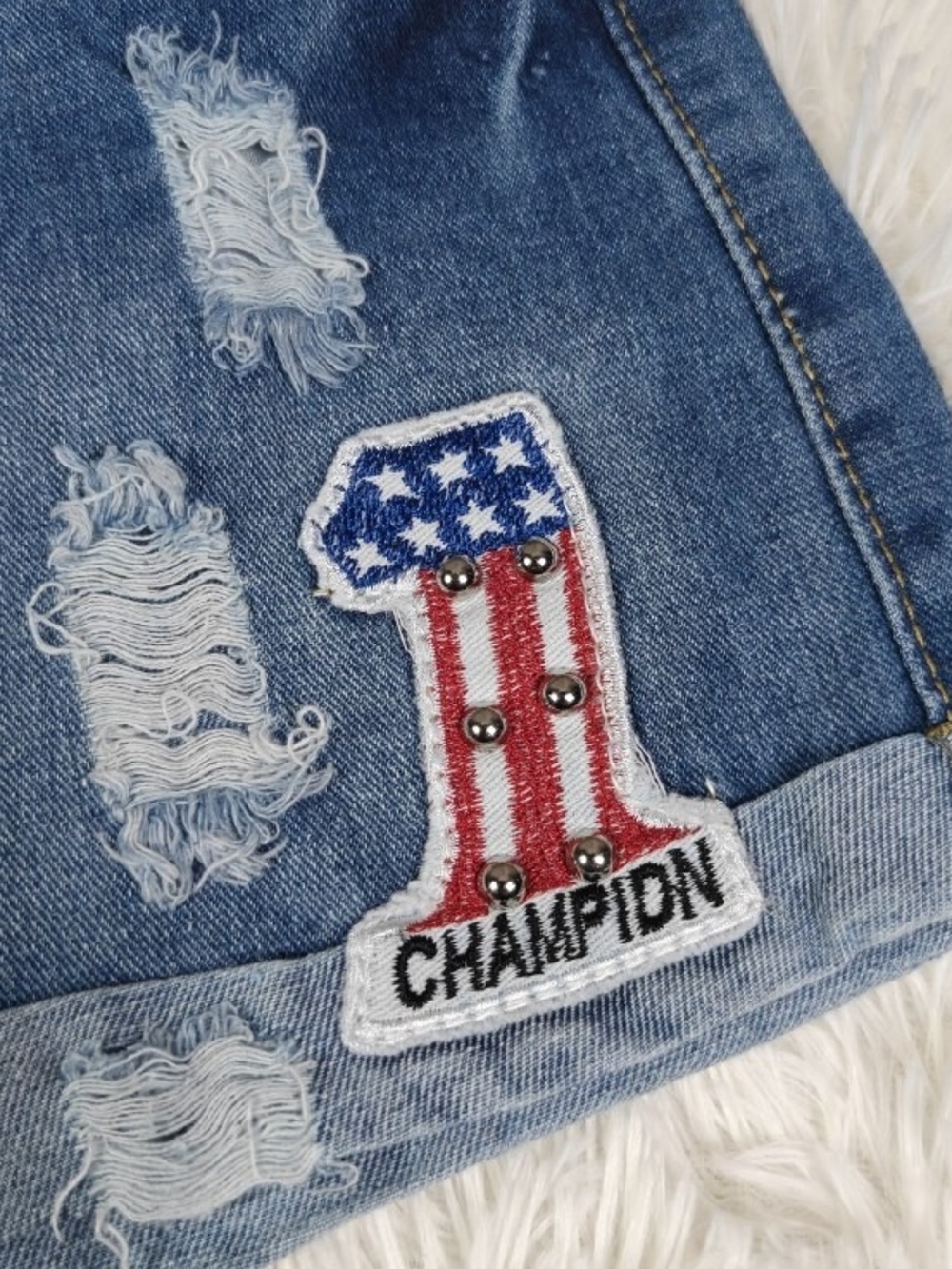 Denim Shorts with Patriotic 'Champion' Patch